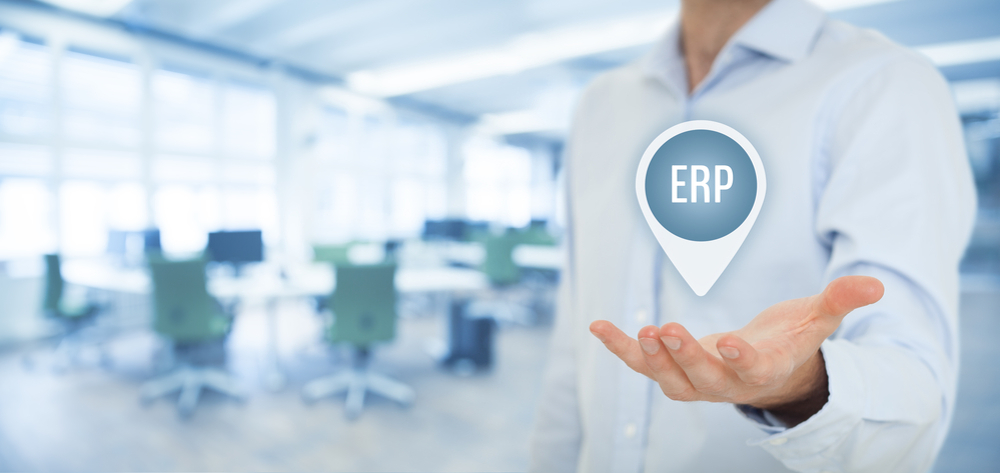 Enterprise resource planning ERP concept. Businesswoman offer ERP business management software for collect, store, manage and interpret business data.
