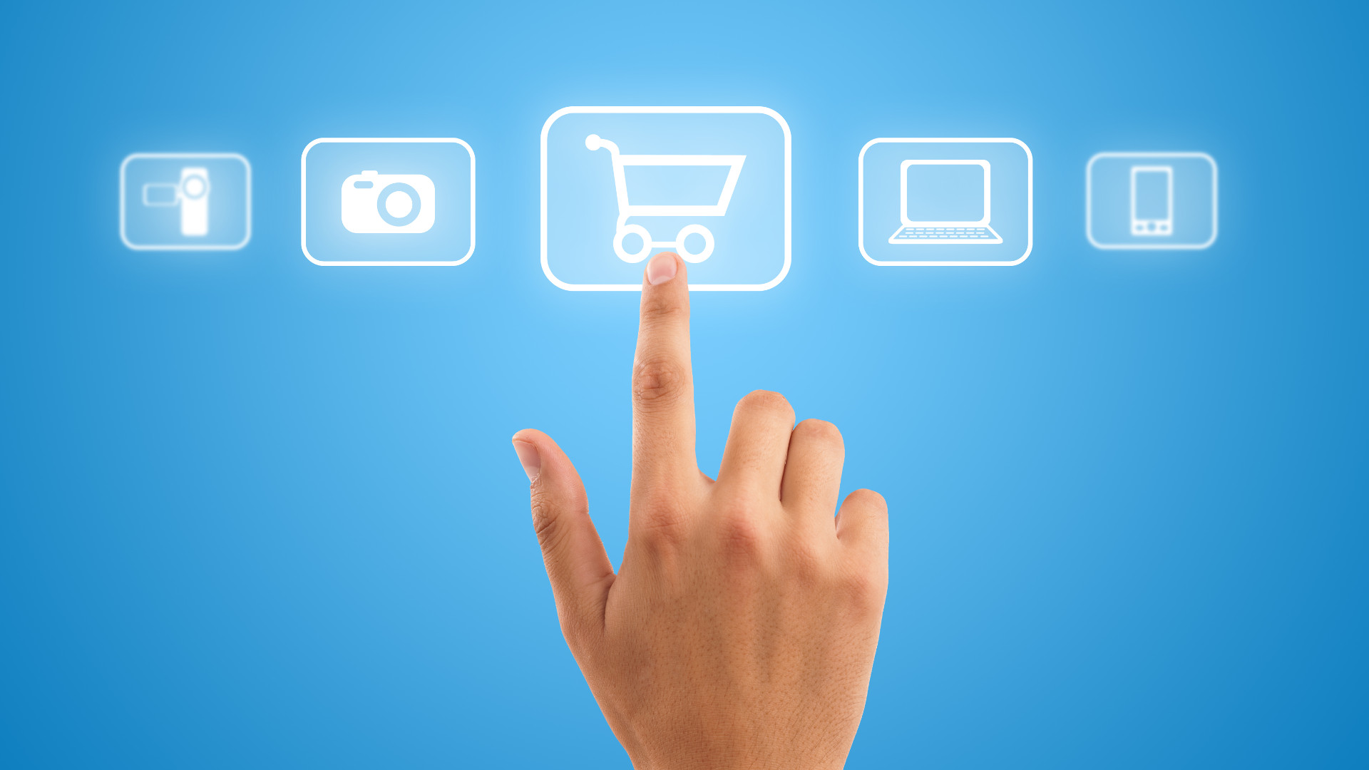 Hand choosing shopping cart symbol from media icons on blue