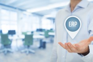 Enterprise resource planning ERP concept. Businesswoman offer ERP business management software for collect, store, manage and interpret business data.
